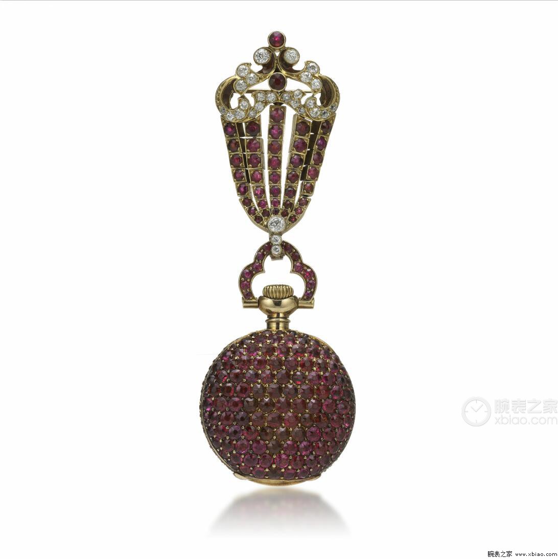 蒂芙尼古董珍藏18K黄金镶嵌珐琅、水晶、 红宝石及钻石胸针表