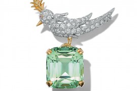 蒂芙尼18K黃金及鉑金鑲嵌 枕形切割綠色碧璽“石上鳥”胸針
