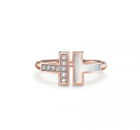 蒂芙尼TIFFANY T 18K 玫瑰金镶嵌珍珠母贝和钻石方形戒指