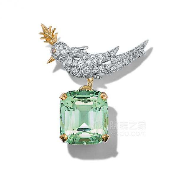 蒂芙尼18k黄金及铂金镶嵌枕形切割绿色碧玺石上鸟胸针