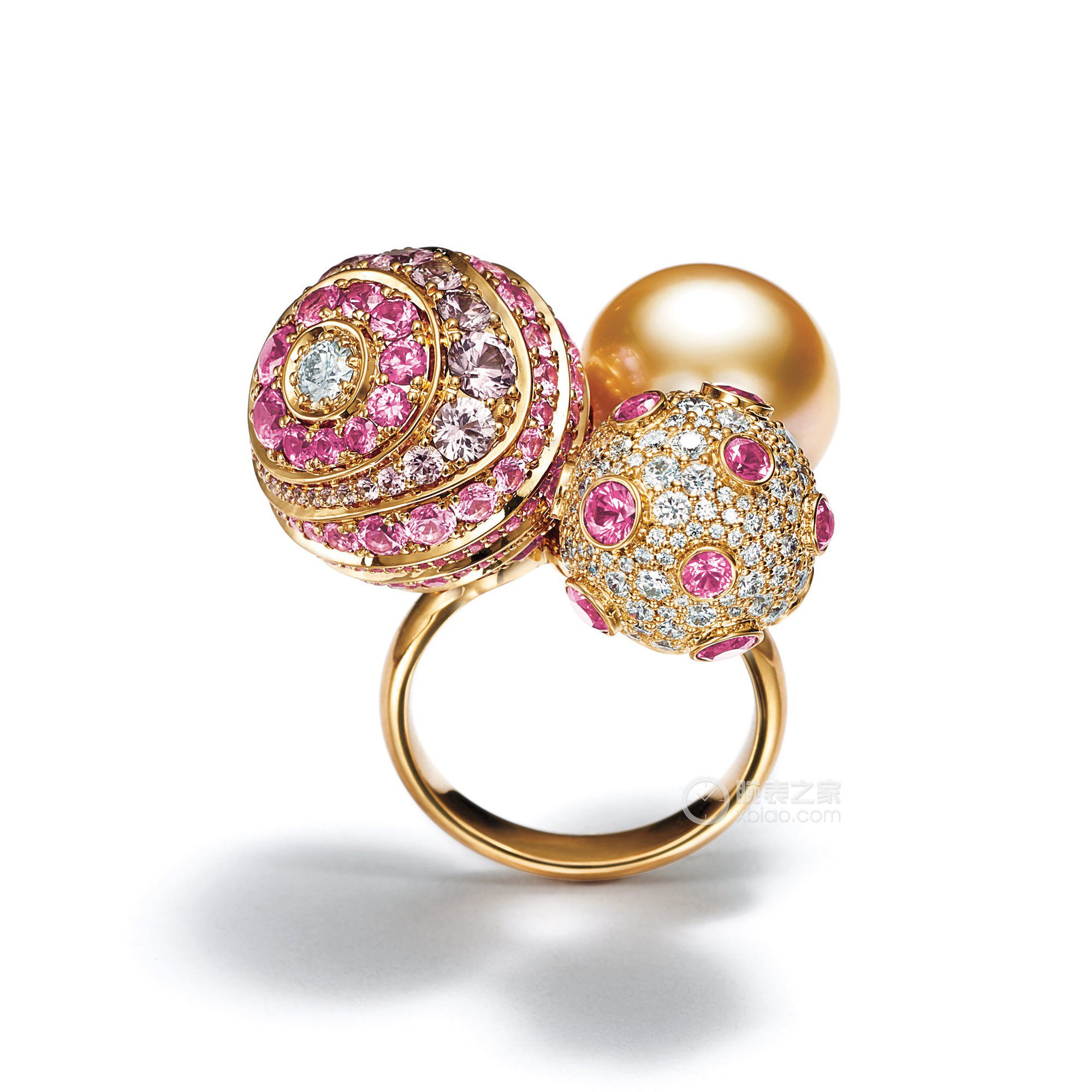 蒂芙尼masterpieces18k玫瑰金戒指镶嵌粉色蓝宝石,钻石和金色南洋珠