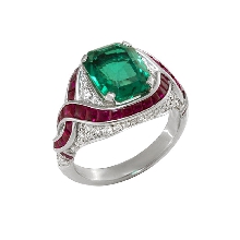 寶格麗鉑金鑲祖母綠紅寶石鉆石戒指