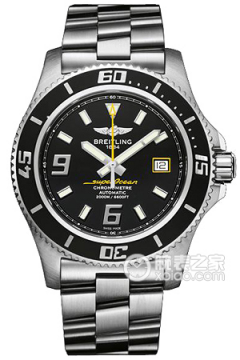 百年灵超级海洋精钢表壳-黑色表盘-深黄色秒针-专业型精钢表链