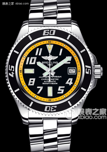 百年灵超级海洋系列精钢表壳-黑色表盘黄色内圈-Speed竞赛精钢表链