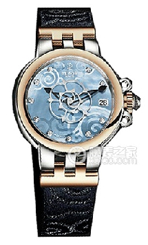 帝舵玫瑰系列35701-FS天蓝色珍珠贝母盘镶钻织纹表带