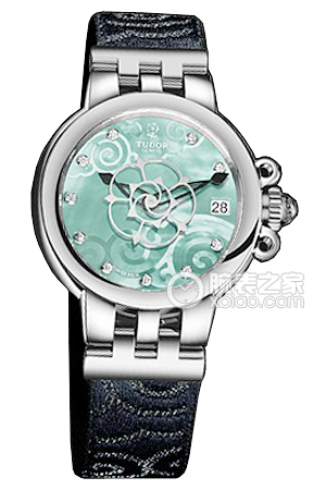 帝舵玫瑰系列35700-FS翡翠綠色珍珠貝母盤鑲鉆織紋表帶