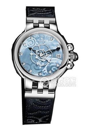 帝舵玫瑰系列35700-FS天藍色珍珠貝母盤鑲鉆織紋表帶