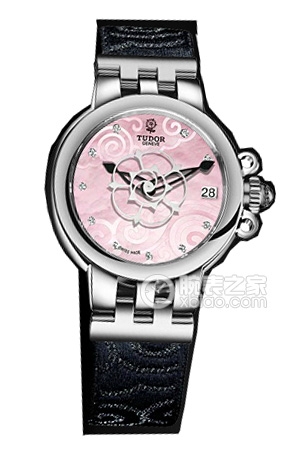 帝舵玫瑰35700-FS粉紅色珍珠貝母盤鑲鉆織紋表帶