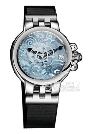 帝舵玫瑰系列35700-Black satin天藍色珍珠貝母盤緞質表帶