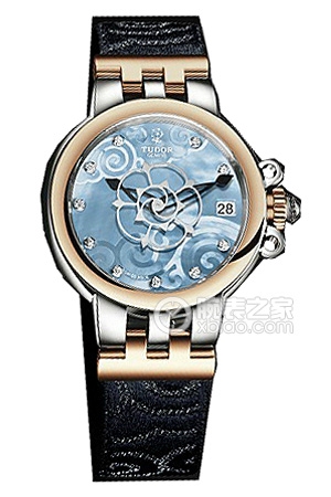 帝舵玫瑰系列35701-FS天藍色珍珠貝母盤鑲鉆織紋表帶