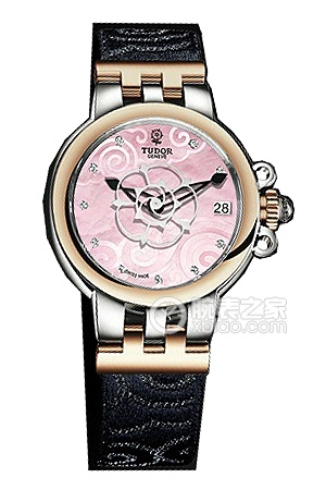 帝舵玫瑰系列35701-FS粉紅色珍珠貝母盤鑲鉆織紋表帶