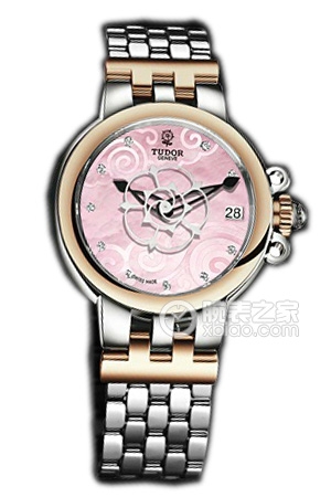 帝舵玫瑰系列35701-65770粉紅色珍珠貝母盤鑲鉆不銹鋼表帶