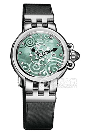 帝舵玫瑰系列35400-Black satin翡翠綠珍珠貝母盤鑲鉆緞質表帶