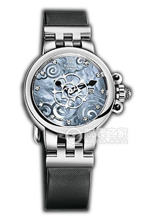 帝舵玫瑰系列35400-Black satin天藍色珍珠貝母盤鑲鉆緞質表帶