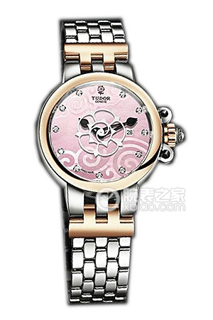 帝舵玫瑰系列35401-65740粉紅色珍珠貝母盤鑲鉆不銹鋼表帶