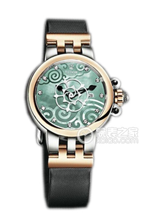 帝舵玫瑰系列35401-Black satin翡翠綠珍珠貝母盤鑲鉆緞質表帶
