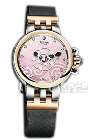帝舵玫瑰系列35401-Black satin粉紅色珍珠貝母盤鑲鉆緞質表帶