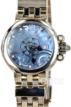 帝舵玫瑰系列35100-65710天藍色珍珠貝母盤鑲鉆不銹鋼表帶