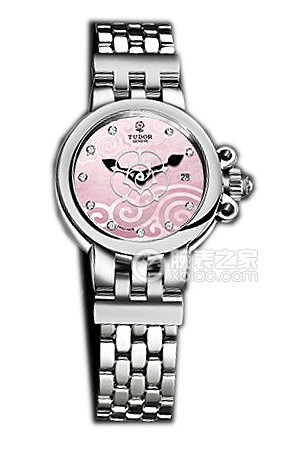 帝舵玫瑰35100-65710粉红色珍珠贝母盘镶钻不锈钢表带