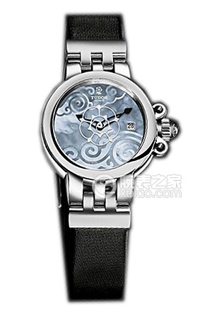 帝舵玫瑰系列35100-Black satin天藍色珍珠貝母盤緞質表帶