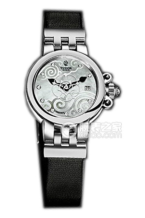 帝舵玫瑰系列35100-Black satin白色珍珠貝母盤鑲鉆緞質表帶