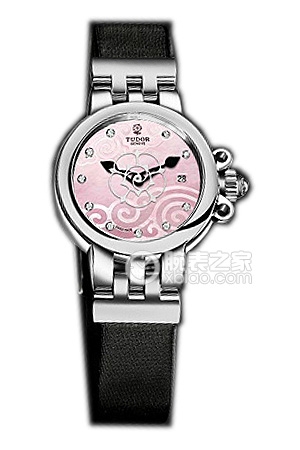 帝舵玫瑰系列35100-Black satin粉紅色珍珠貝母盤鑲鉆緞質表帶