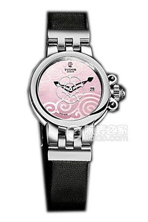帝舵玫瑰系列35100-Black satin粉紅色珍珠貝母盤緞質表帶