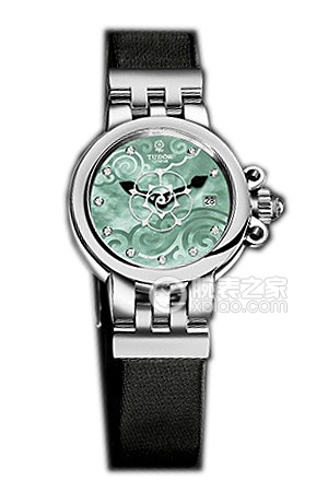 帝舵玫瑰系列35100-Black satin翡翠綠珍珠貝母盤鑲鉆緞質表帶