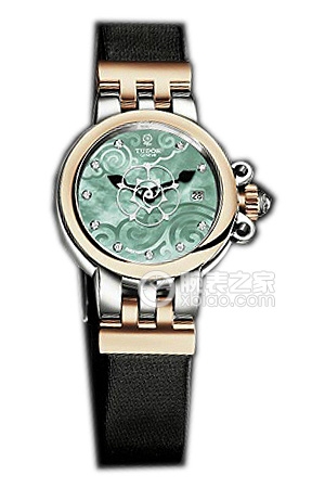 帝舵玫瑰系列35101-Black satin翡翠綠珍珠貝母盤鑲鉆緞質表帶