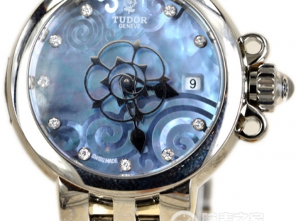 帝舵玫瑰系列35100-65710天蓝色珍珠贝母盘镶钻不锈钢表带