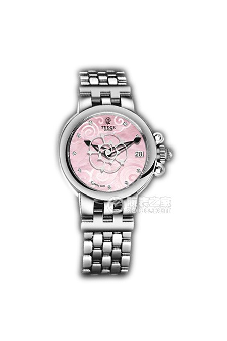 帝舵玫瑰系列35700-65770粉红色珍珠贝母盘镶钻不锈钢表带