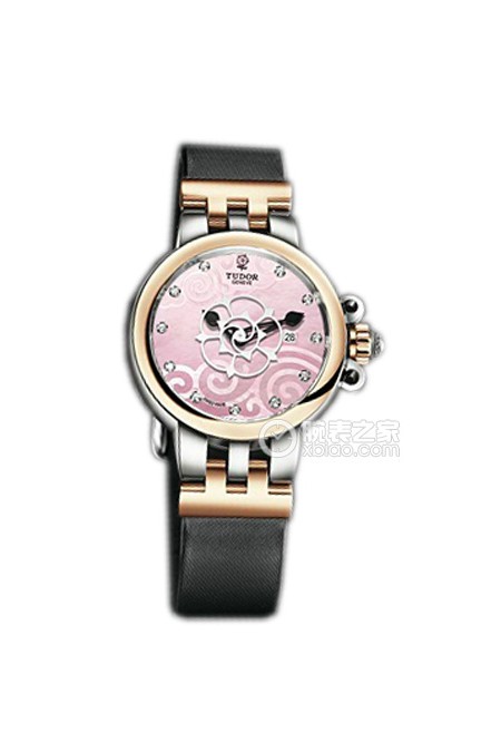 帝舵玫瑰系列35401-Black satin粉红色珍珠贝母盘镶钻缎质表带