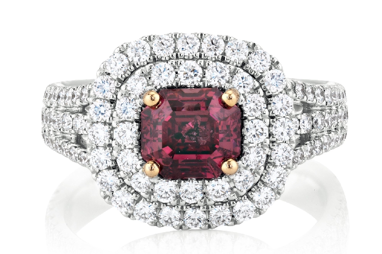 戴比尔斯1888 MASTER DIAMONDS 大师美钻系列DE BEERS AURA 双环密镶深彩紫粉祖母绿形钻石戒指