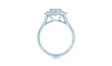 蒂芙尼订婚钻戒铂金镶钻戒圈，双层珠链式边镶钻石环绕枕形切割主钻订婚钻戒