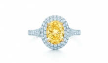 蒂芙尼订婚钻戒铂金镶嵌椭圆形黄钻边镶双层珠链式钻石订婚钻戒