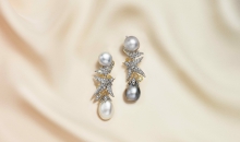 蒂芙尼史隆伯杰系列18K黄金及铂金镶嵌纽扣形天然野生珍珠，钻石及红宝石耳环