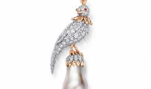 蒂芙尼史隆伯杰系列18K玫瑰金及铂金镶嵌浅灰色水滴形天然野生珍珠，香槟色钻石，钻石及红宝石胸针