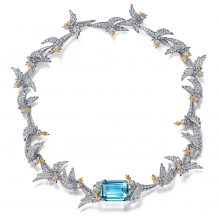 蒂芙尼SCHLUMBERGER™高级珠宝铂金及18K黄金镶嵌海蓝宝石，钻石及粉色蓝宝石”石上鸟”项链