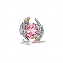 蒂芙尼SCHLUMBERGER™高级珠宝18K黄金及铂金镶嵌摩根石，钻石及粉色蓝宝石“石上鸟”戒指