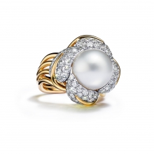 蒂芙尼史隆伯杰系列18K黄金及铂金镶嵌白色纽扣形天然野生珍珠及钻石树叶造型戒指