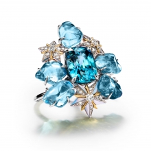 蒂芙尼BLUE BOOK高級珠寶鉑金及18K黃金鑲嵌藍色鋯石，海藍寶石，珍珠母貝及鉆石戒指