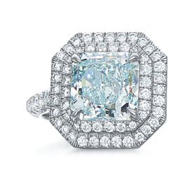 蒂芙尼 铂金镶嵌蓝绿钻石戒指 戒指