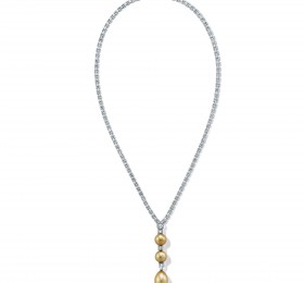 蒂芙尼 铂金镶嵌圆形南海金色珍珠及狭长形和圆形钻石吊坠 吊坠
