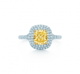蒂芙尼 铂金镶嵌枕形切割黄钻边镶珠链式钻石订婚钻戒 戒指