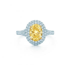 蒂芙尼 铂金镶嵌椭圆形黄钻边镶双层珠链式钻石订婚钻戒 戒指