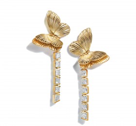 蒂芙尼 18K黄金镶嵌公主方形切割及狭长形钻石蝴蝶造型耳坠 耳饰