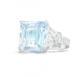 蒂芙尼 铂金镶嵌祖母绿形切割海蓝宝石及狭长形钻石戒指 戒指