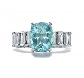 蒂芙尼 铂金镶嵌枕形切割蓝色铜锂碧玺和方形及圆形明亮式钻石戒指 戒指