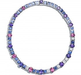 蒂芙尼 18K白金镶嵌椭圆形粉色蓝宝石、椭圆形紫色蓝宝石、蓝色蓝宝石及钻石项链 项链