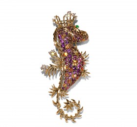 蒂芙尼 铂金及18K黄金镶嵌紫色蓝宝石，锰铝榴石，祖母绿及钻石海马造型胸针 胸针